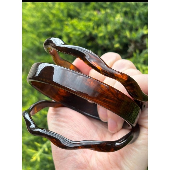 Tortoise Shell Bangle Bracelet Set of 3 Brown Resin Stackable - Picture 4 of 6